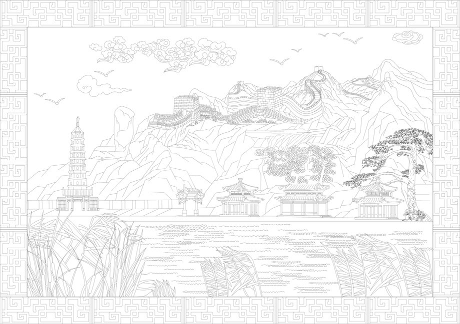 山水風景浮雕雕塑原創(chuàng)手繪設計稿